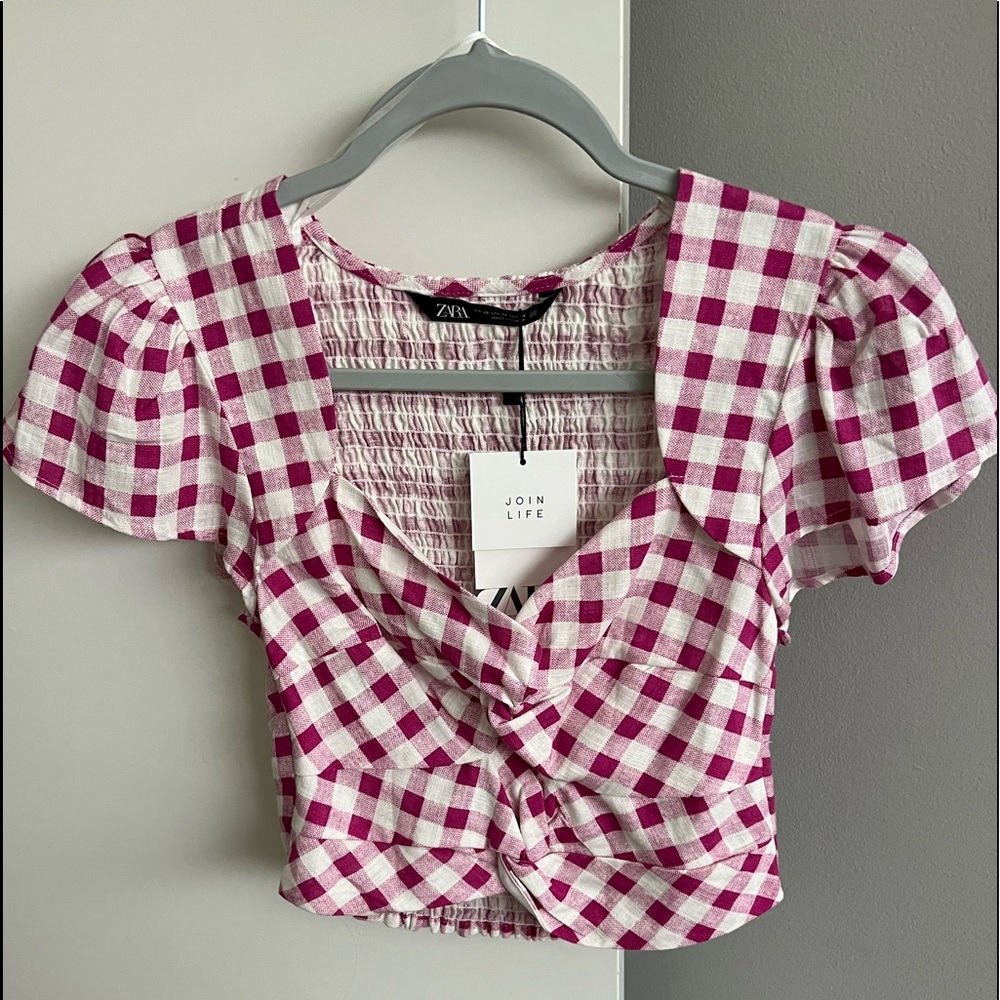 Zara Cropped Checkered Blouse Women XS NEW WITH TAGS